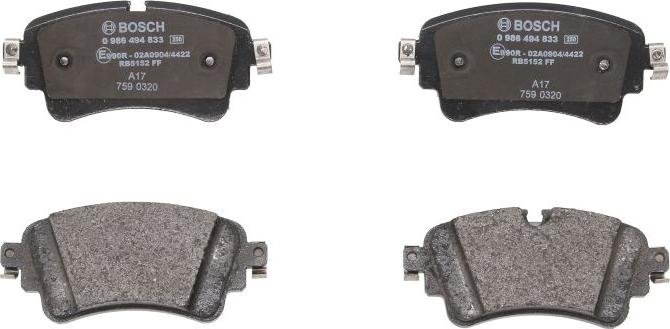 BOSCH 0 986 494 833 - Тормозные колодки, дисковые, комплект omsk.autopolka.ru