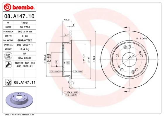 Brembo 08.A147.10 - Тормозной диск omsk.autopolka.ru