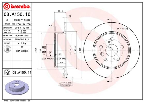 Brembo 08.A150.11 - Тормозной диск omsk.autopolka.ru