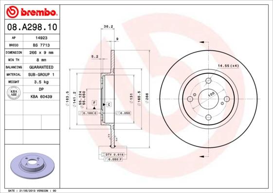 Brembo 08.A298.10 - Тормозной диск omsk.autopolka.ru