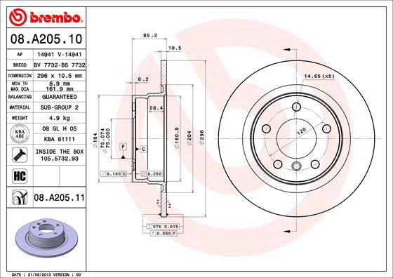 Brembo 08.A205.11 - Тормозной диск omsk.autopolka.ru