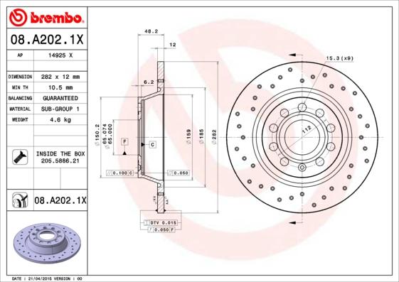 Brembo 08.A202.1X - Тормозной диск omsk.autopolka.ru