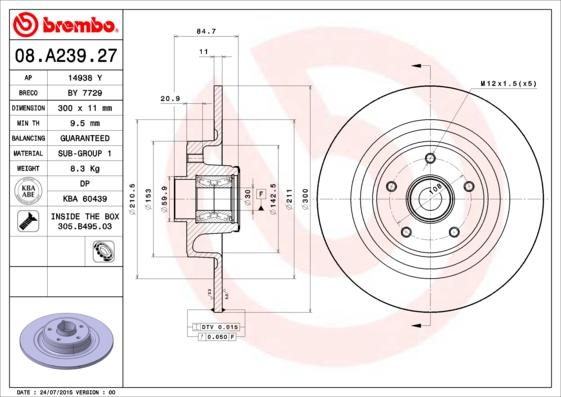Brembo 08.A239.27 - Тормозной диск omsk.autopolka.ru